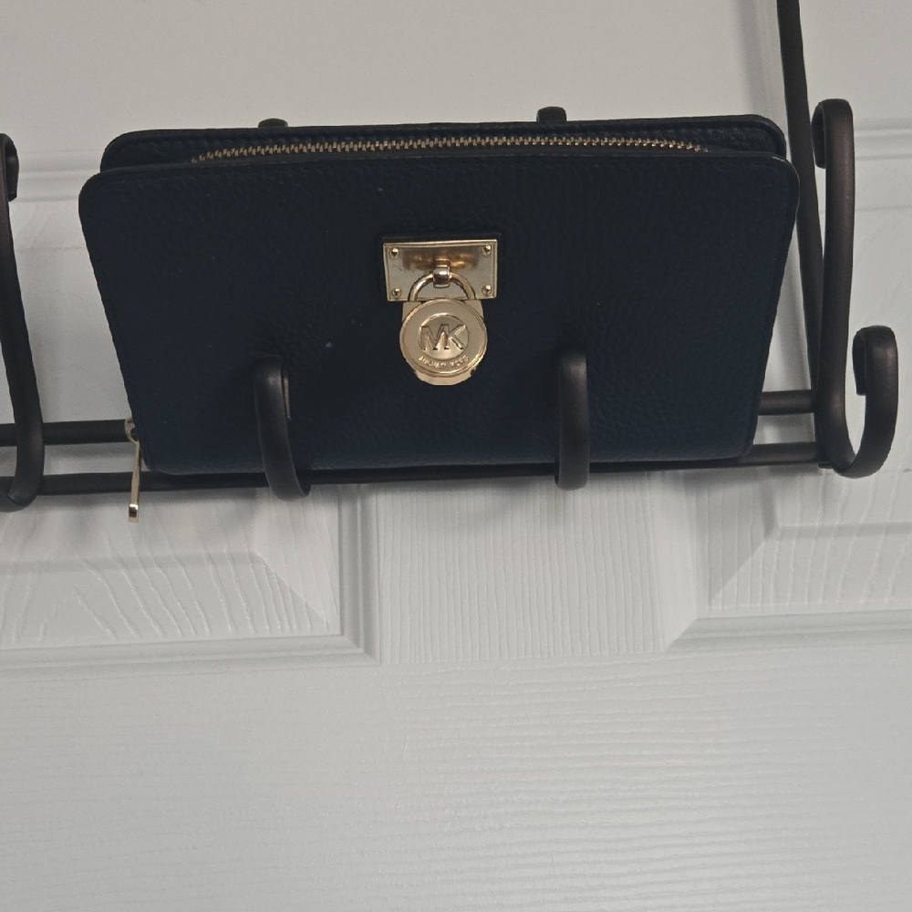 Michael Kors Black Leather Zip-Around Wallet with Gold MK Medallion